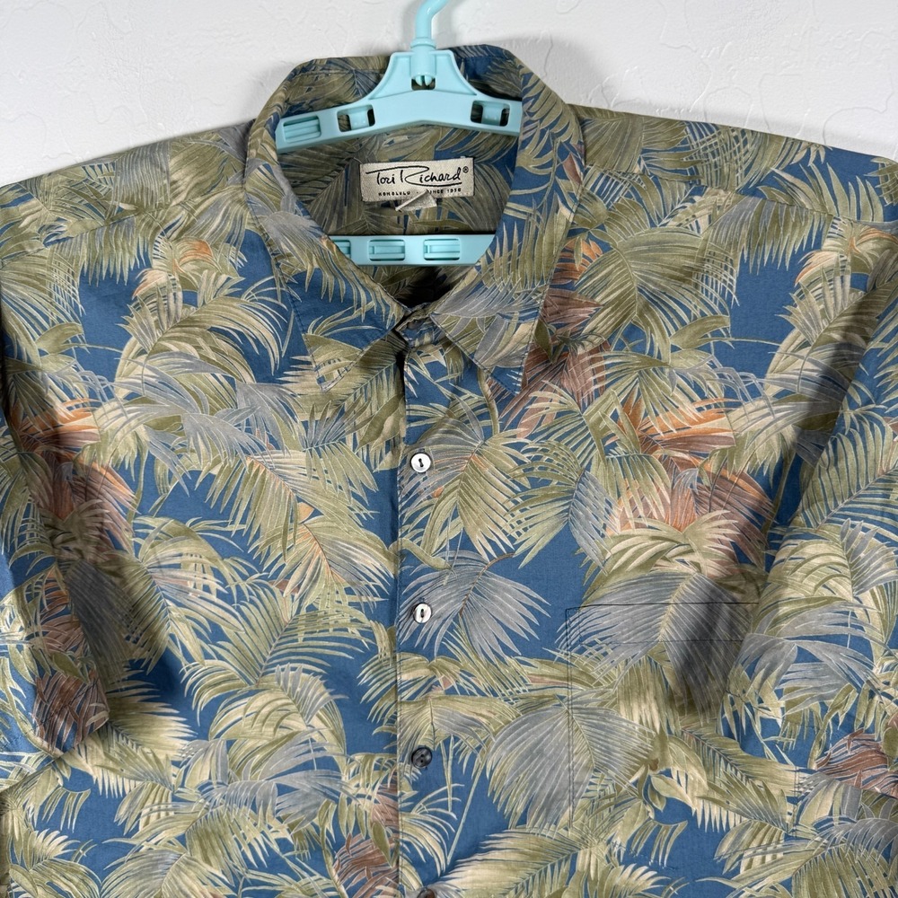 Tori Richard Shirt Mens 2XL Blue Hawaiian Camp Floral Palms Beach Cotton Lawn